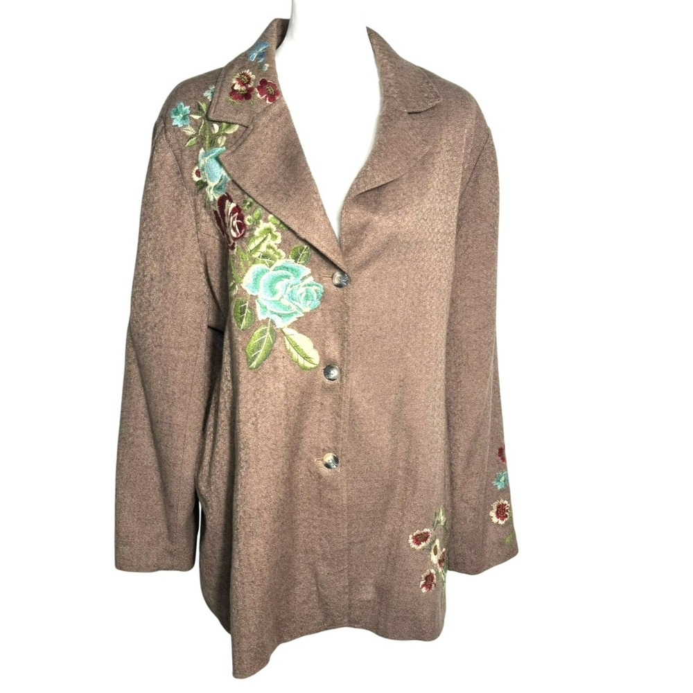 COLDWATER CREEK Women's 18‎ Brown Wool Tweed Blazer Embroidered Flowers Vintage